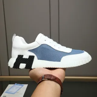 Hermès White Blue Pebbled Leather Upper Light Perforated Mesh Side Panel Lifestyle Sneakers
