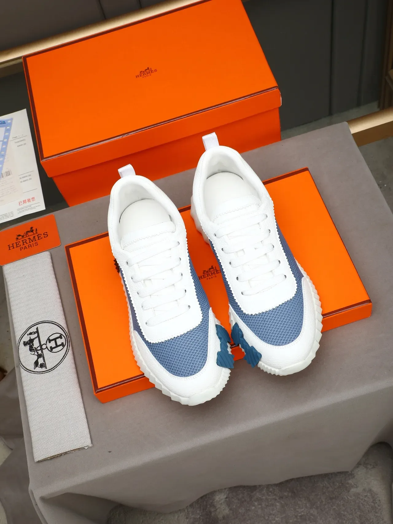 Hermès White Blue Pebbled Leather Upper Light Perforated Mesh Side Panel Lifestyle Sneakers 2