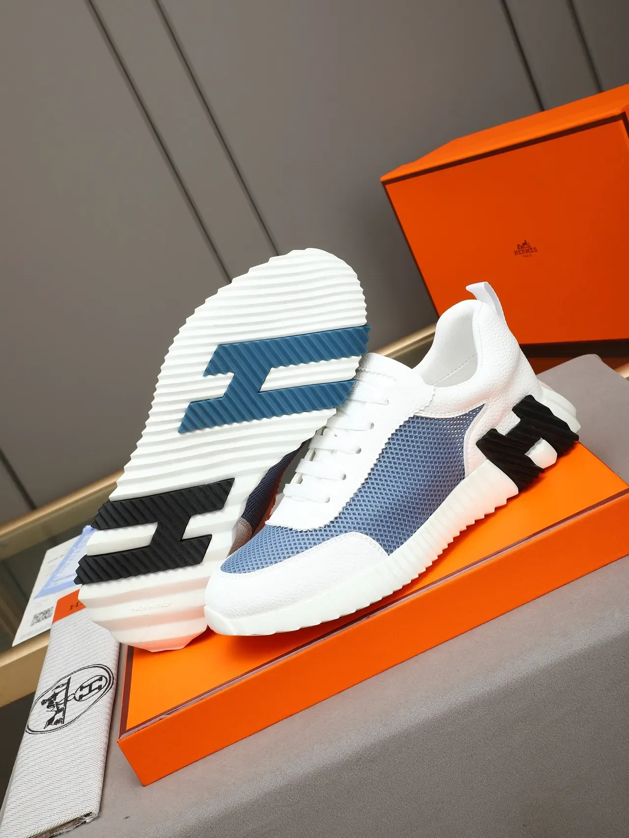 Hermès White Blue Pebbled Leather Upper Light Perforated Mesh Side Panel Lifestyle Sneakers 4