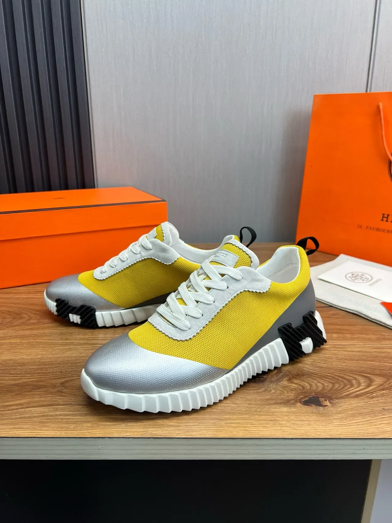 Hermès Yellow Silver Color-Blocked Sculpted Sole Sneakers 1