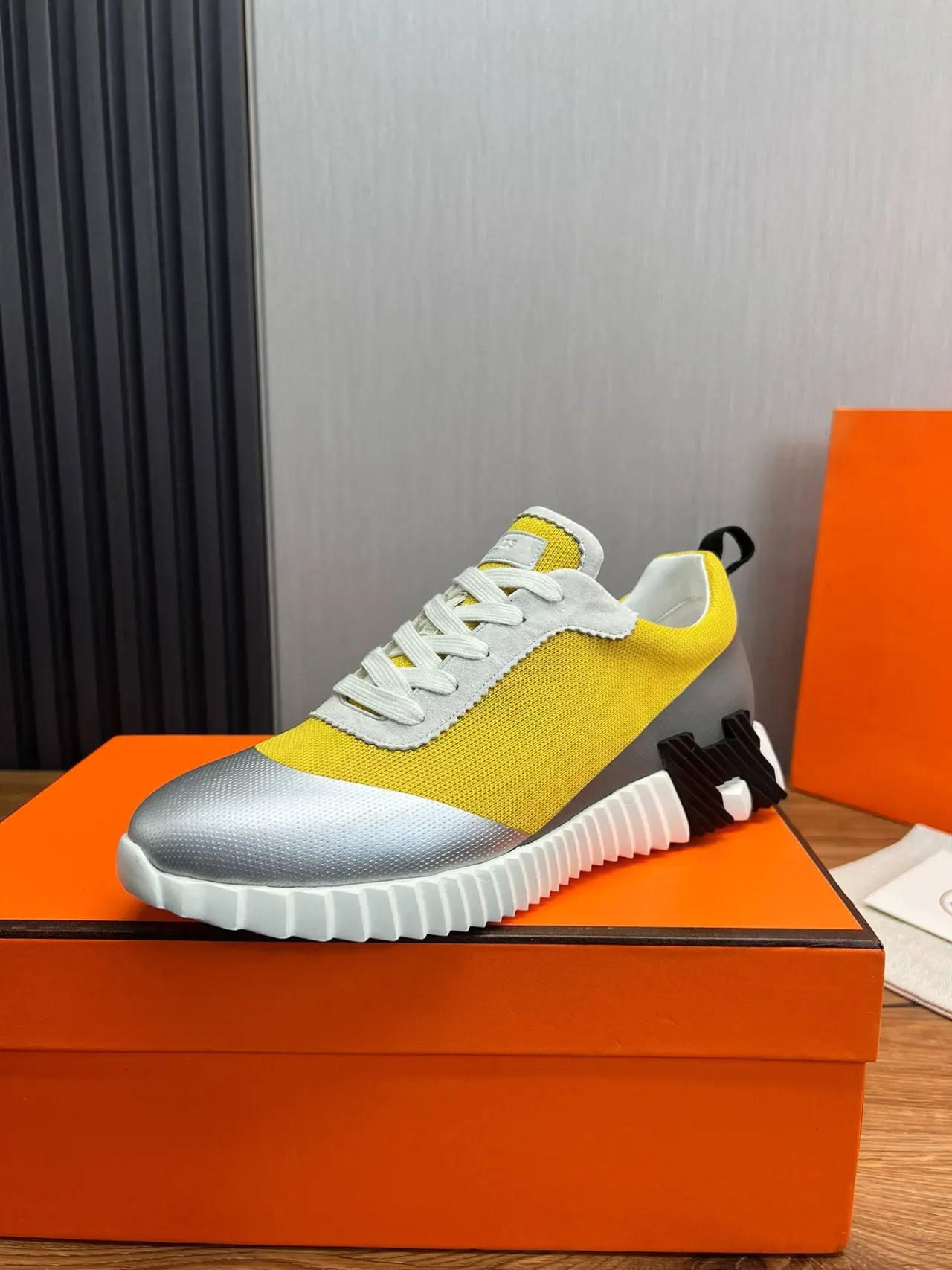 Hermès Yellow Silver Color-Blocked Sculpted Sole Sneakers 2