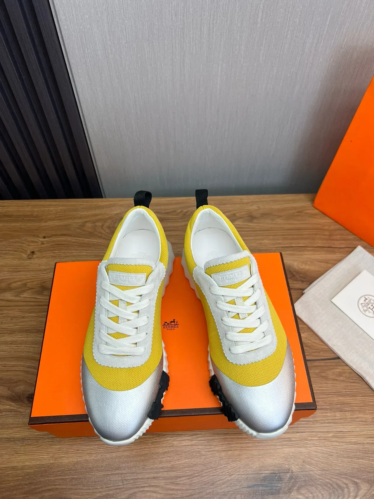 Hermès Yellow Silver Color-Blocked Sculpted Sole Sneakers 3