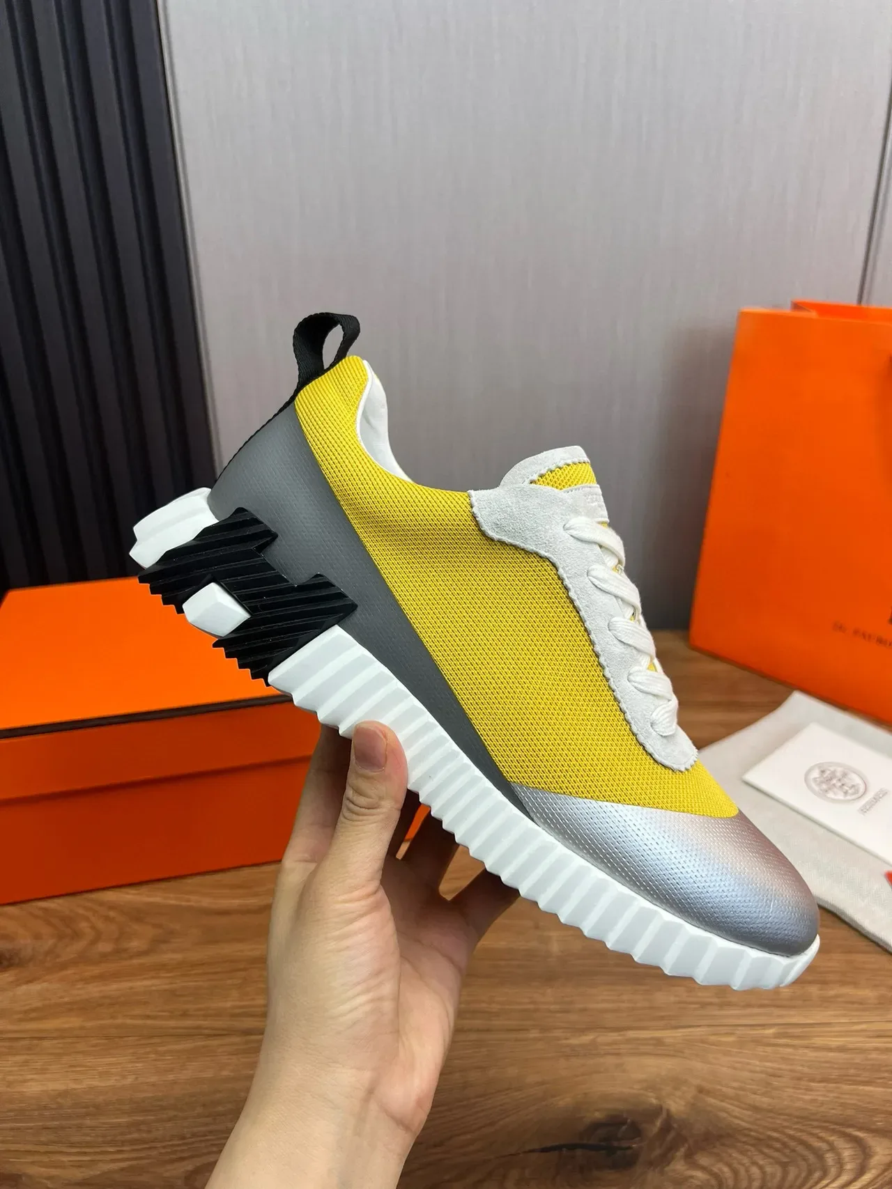 Hermès Yellow Silver Color-Blocked Sculpted Sole Sneakers 7