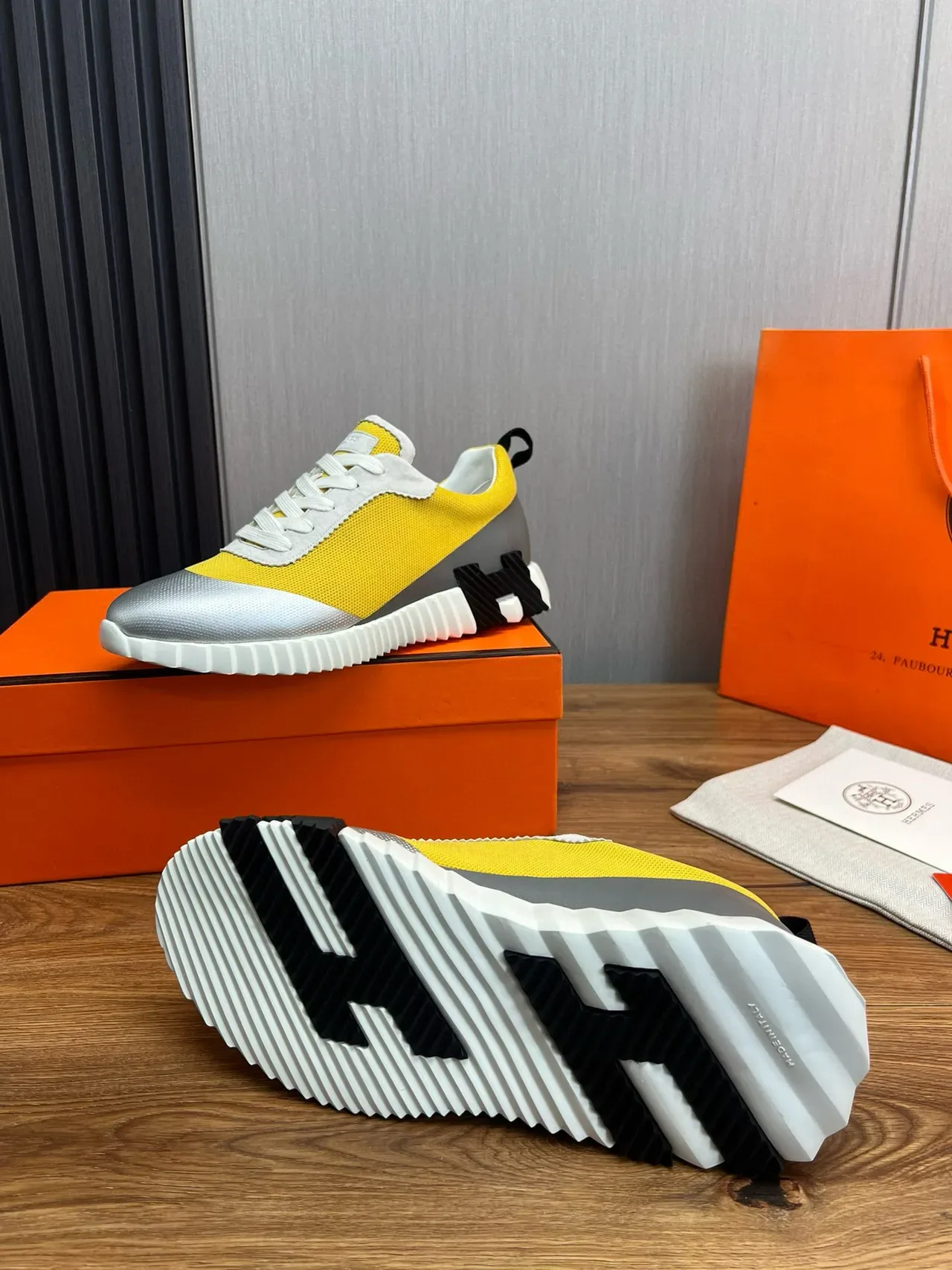 Hermès Yellow Silver Color-Blocked Sculpted Sole Sneakers 9