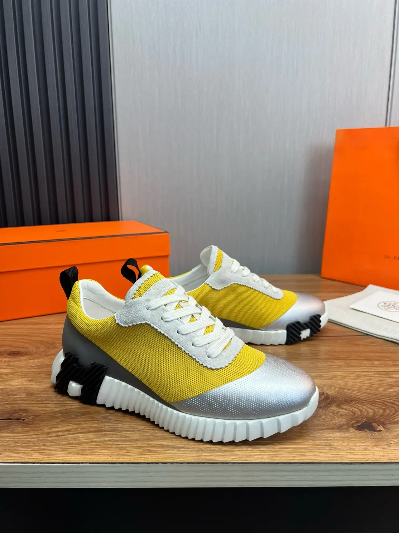 Hermès Yellow Silver Color-Blocked Sculpted Sole Sneakers 10