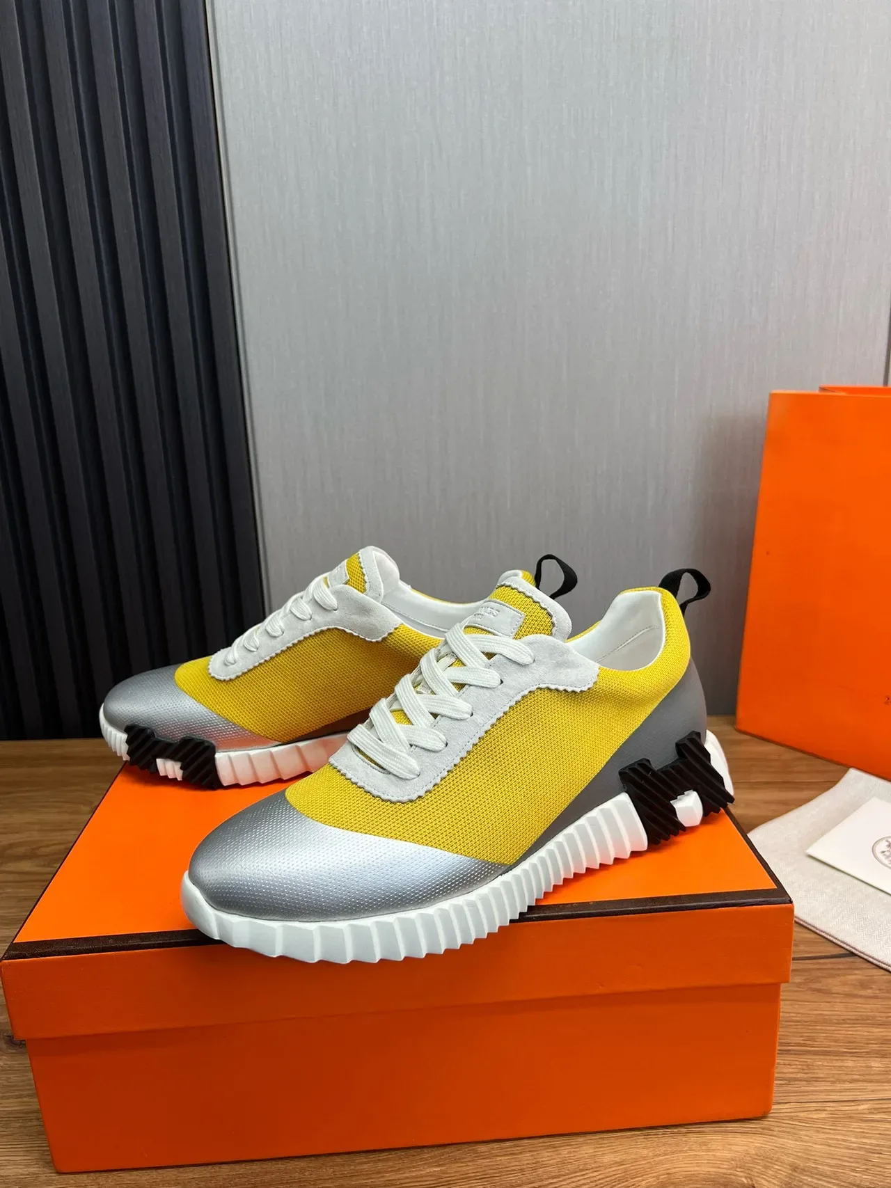 Hermès Yellow Silver Color-Blocked Sculpted Sole Sneakers 12