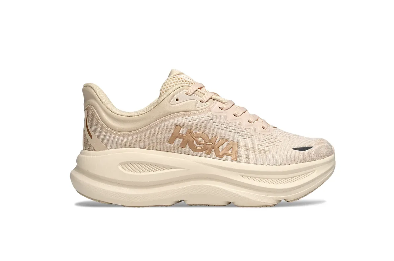 Hoka Beige Gold Engineered Knit Upper Sculpted White Midsole Running Shoes 2
