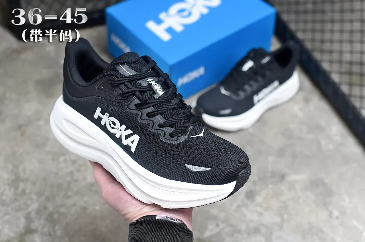 Hoka Black White Engineered Mesh Upper Thick Midsole Running Shoes 3