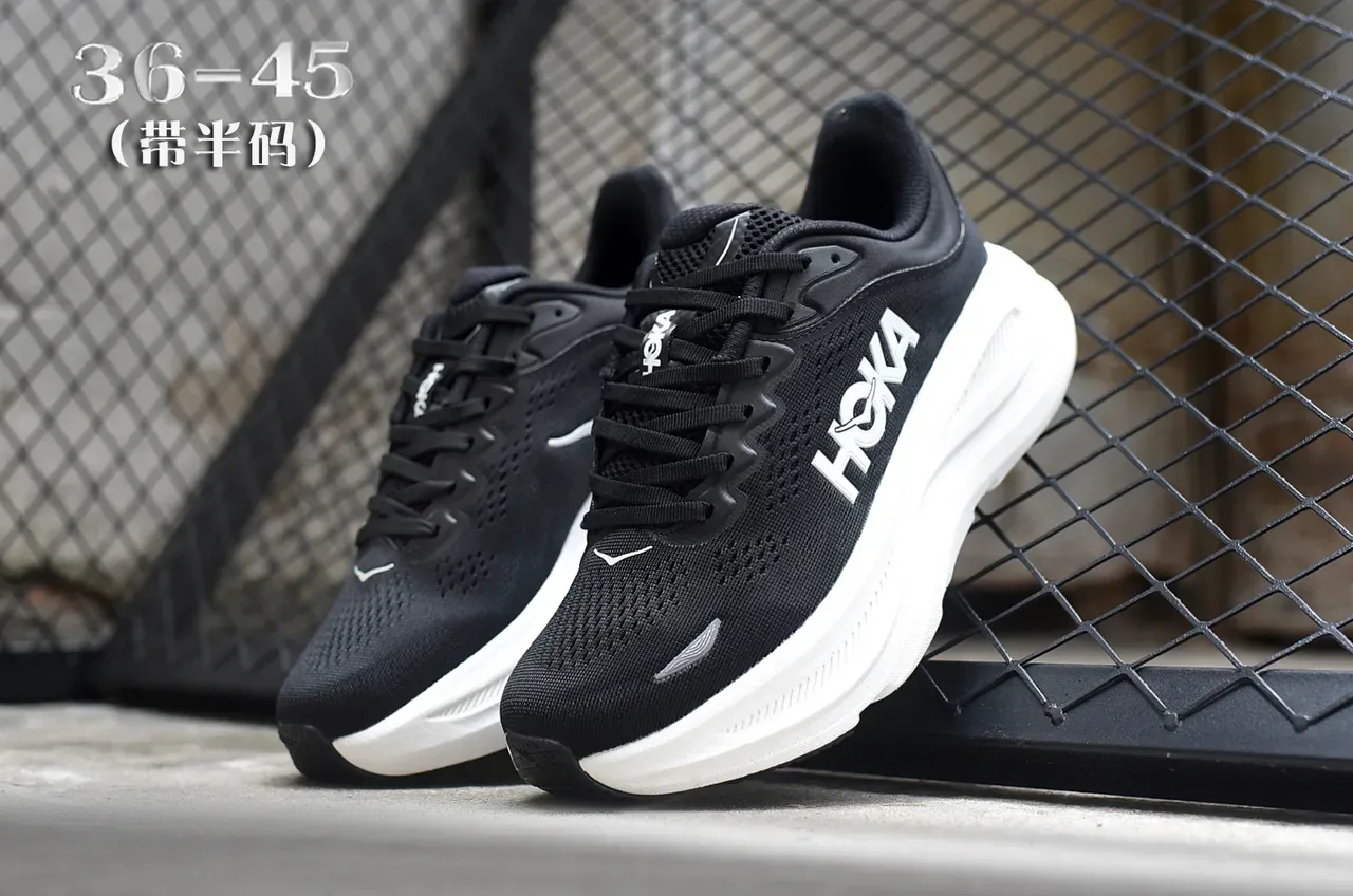 Hoka Black White Engineered Mesh Upper Thick Midsole Running Shoes 5