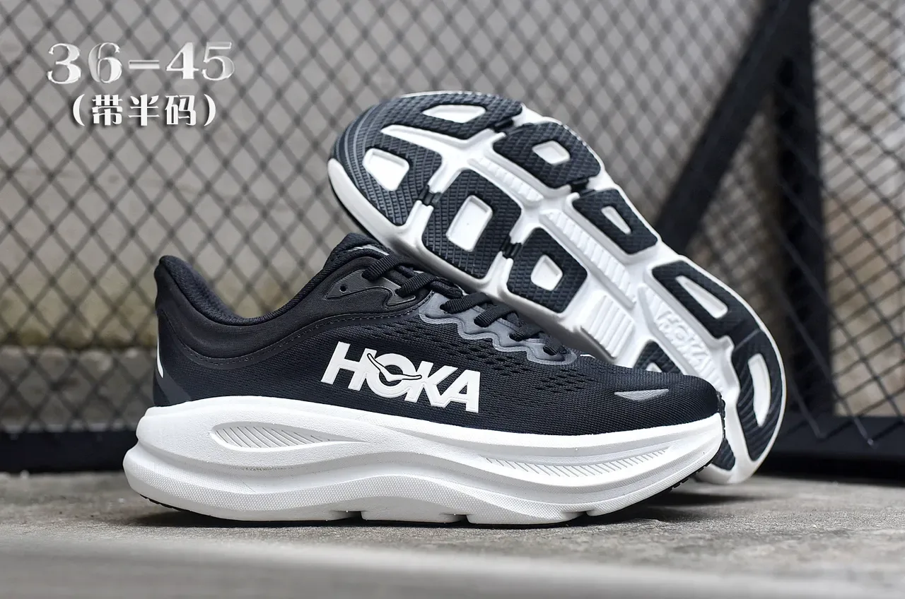 Hoka Black White Engineered Mesh Upper Thick Midsole Running Shoes 7