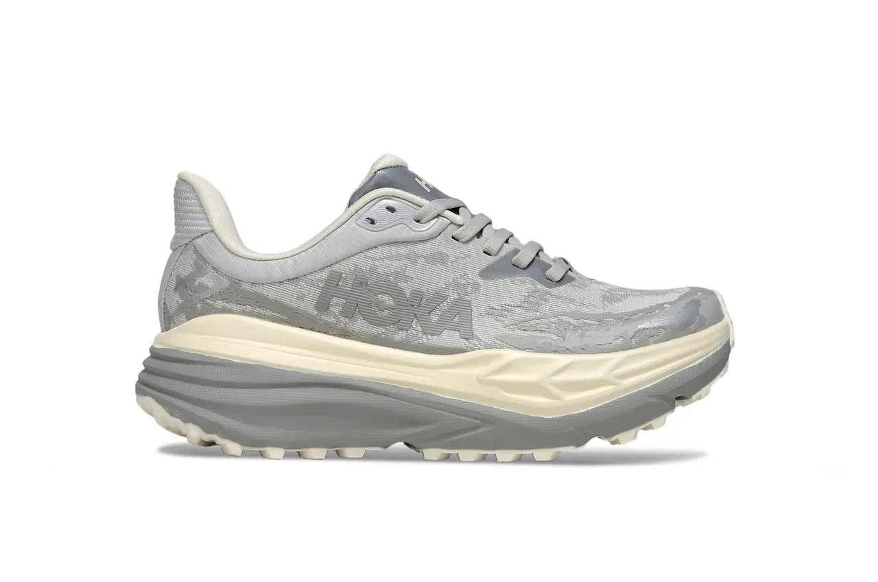 Hoka Gray White Thick-Cushioned Midsole Engineered Mesh Upper Running Shoes 2