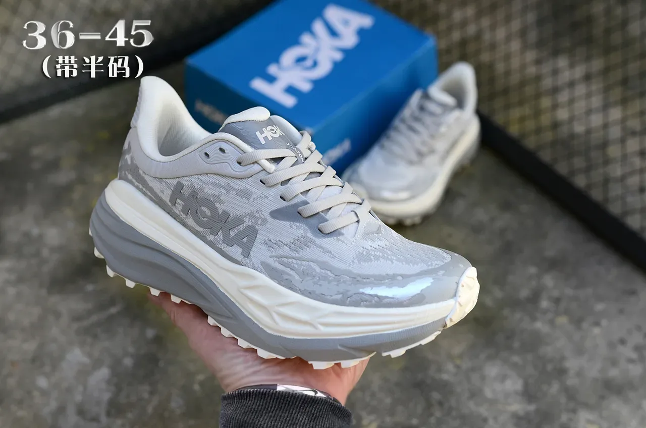 Hoka Gray White Thick-Cushioned Midsole Engineered Mesh Upper Running Shoes 3