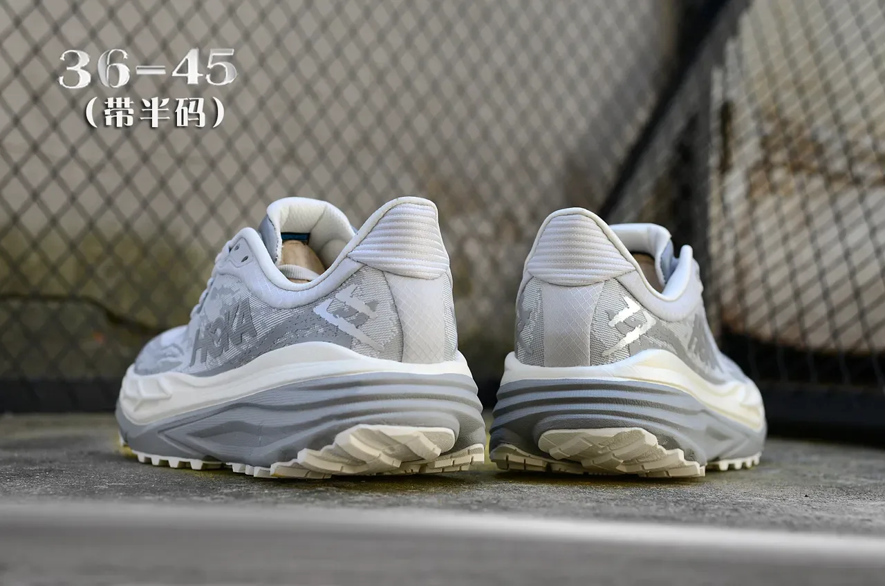 Hoka Gray White Thick-Cushioned Midsole Engineered Mesh Upper Running Shoes 6