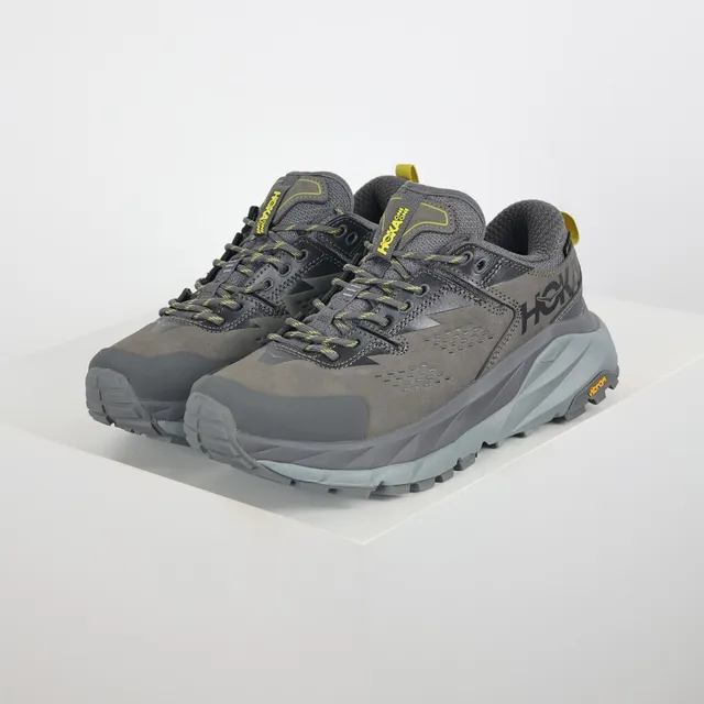 Hoka Cinza Amarelo Low-Top Trail Silhouette Suede e Malha Superior Tênis de Corrida 2