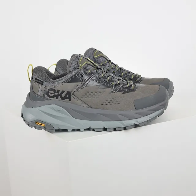 Hoka Cinza Amarelo Low-Top Trail Silhouette Suede e Malha Superior Tênis de Corrida 3