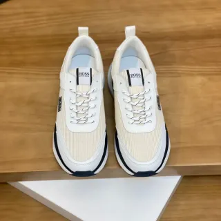 Hugo Boss Beige Navy Ribbed Textile Upper White Leather Overlays Sneakers