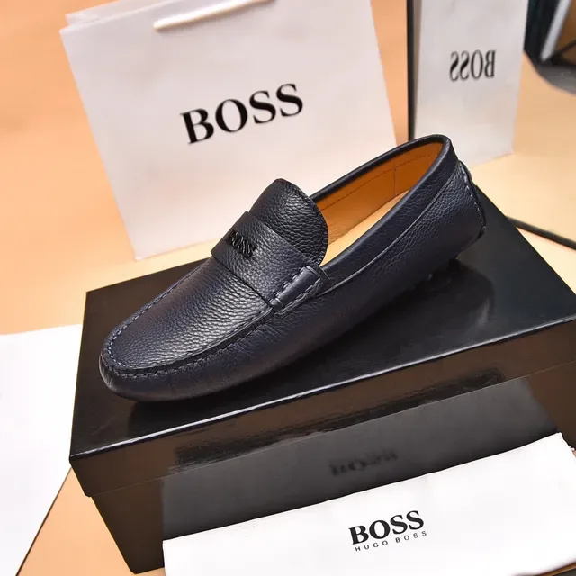 Hugo Boss Black Beige Pebbled Leather Penny Strap Loafer 6