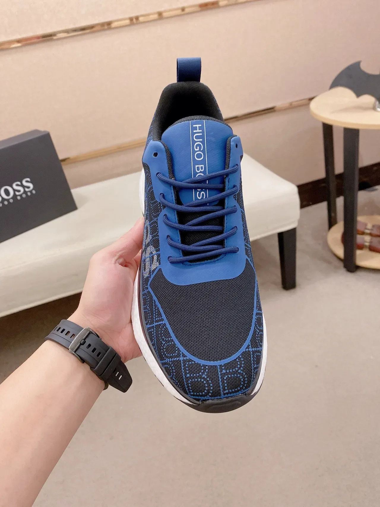 Hugo Boss Noir Bleu Tricot Maille Supérieure Superposition Géométrique Sneakers Lifestyle 2