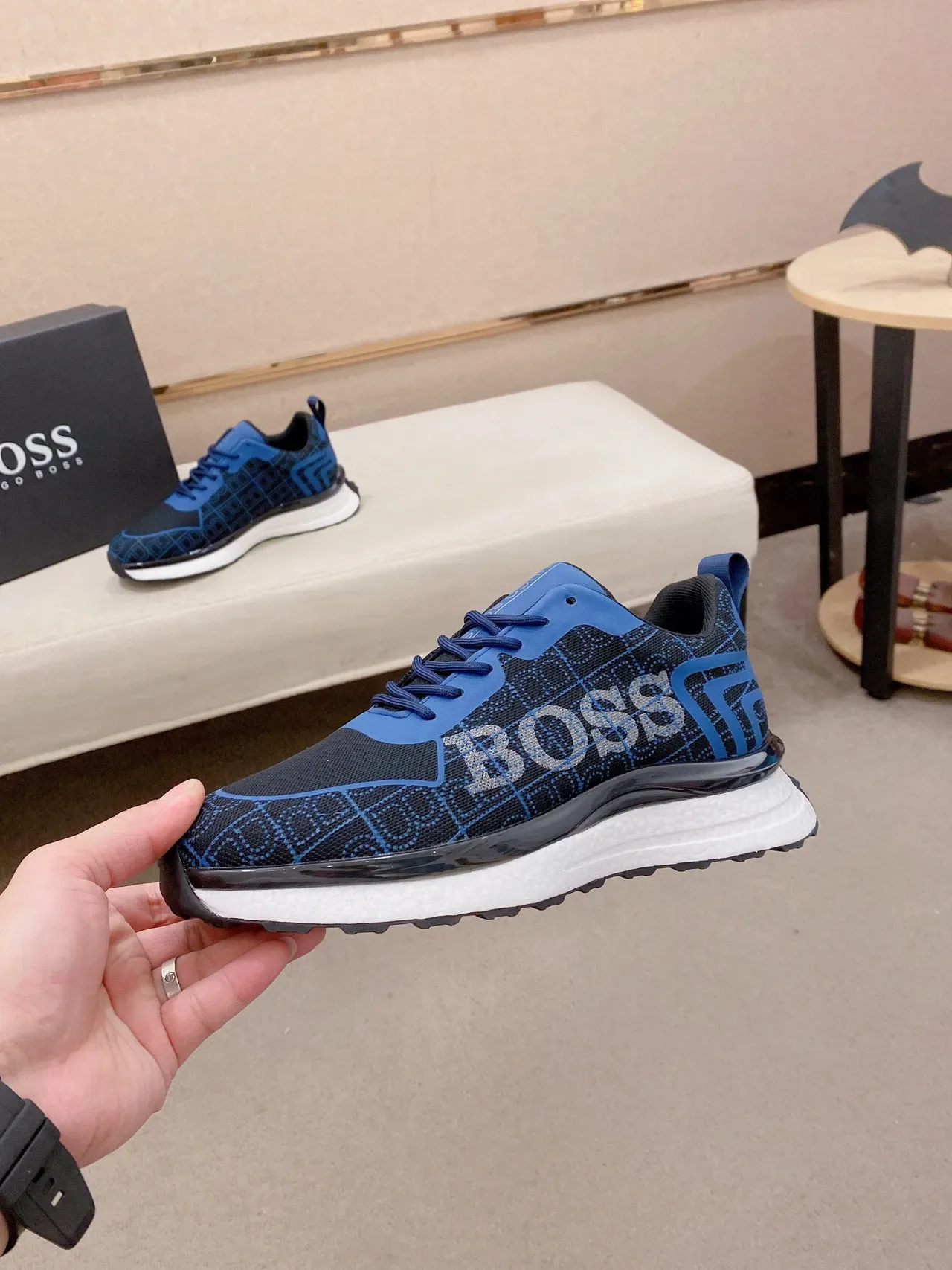 Hugo Boss Noir Bleu Tricot Maille Supérieure Superposition Géométrique Sneakers Lifestyle 3