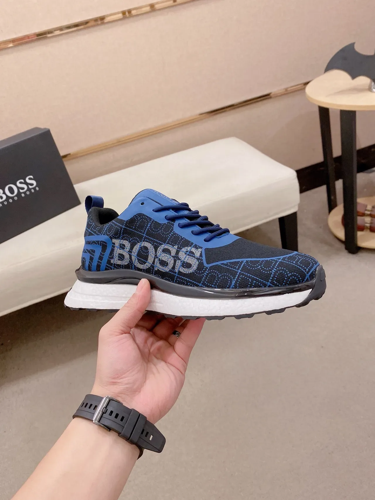 Hugo Boss Noir Bleu Tricot Maille Supérieure Superposition Géométrique Sneakers Lifestyle 4