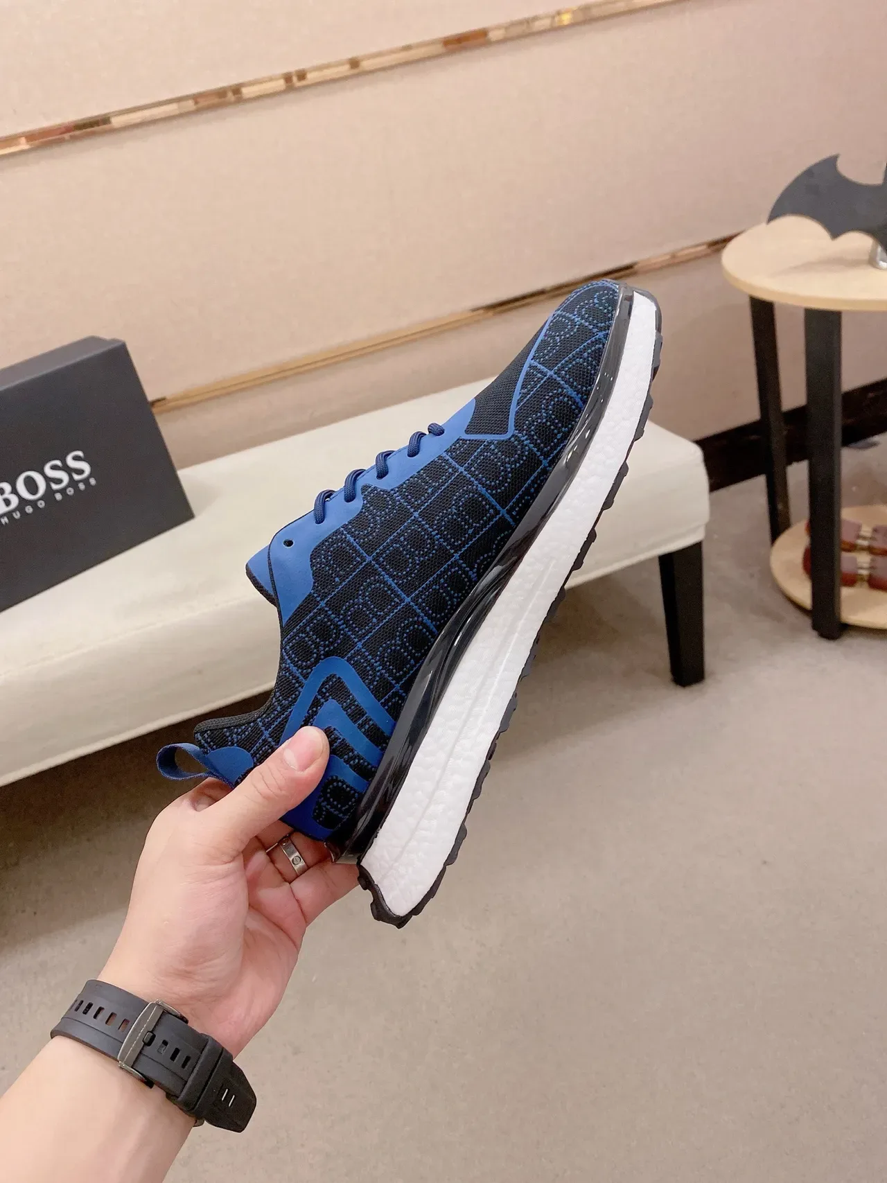 Hugo Boss Noir Bleu Tricot Maille Supérieure Superposition Géométrique Sneakers Lifestyle 5
