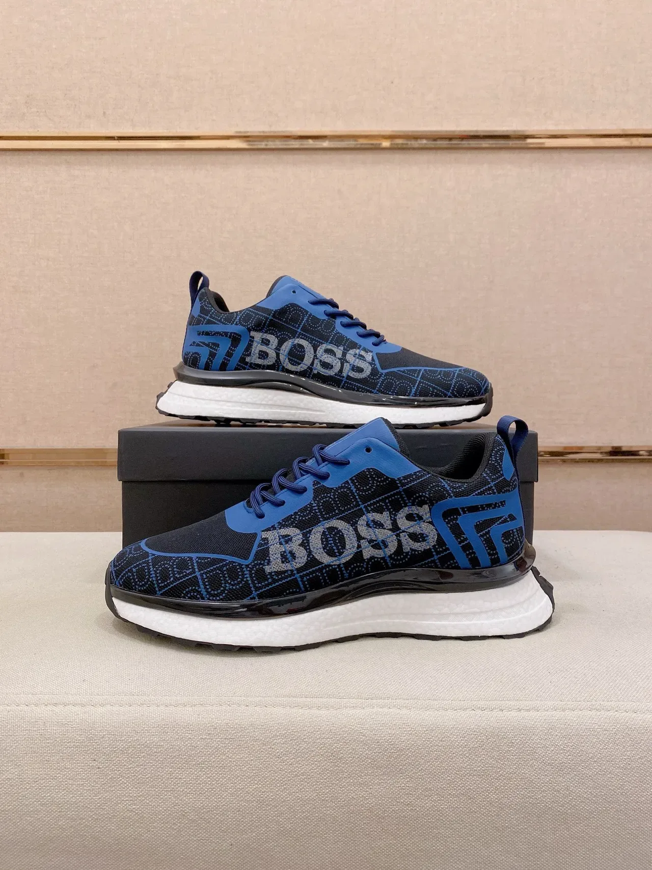 Hugo Boss Noir Bleu Tricot Maille Supérieure Superposition Géométrique Sneakers Lifestyle 7