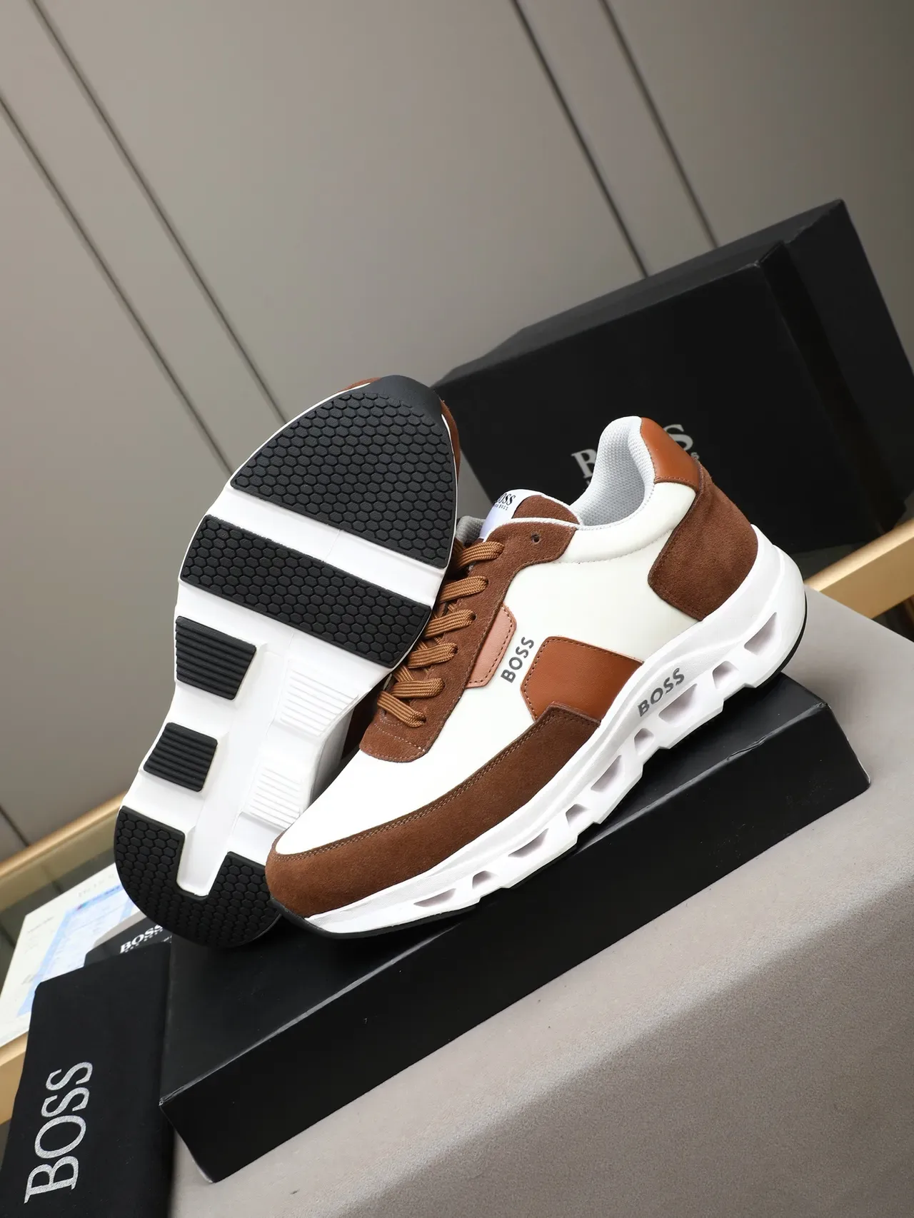 Hugo Boss Lifestyle Sneaker White and Brown Suede Leather Panel Sneakers 4