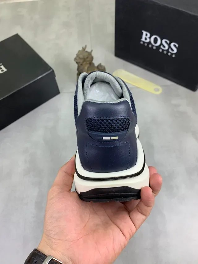 Hugo Boss Navy Blue Leather and Mesh Platform Lifestyle Sneaker 3