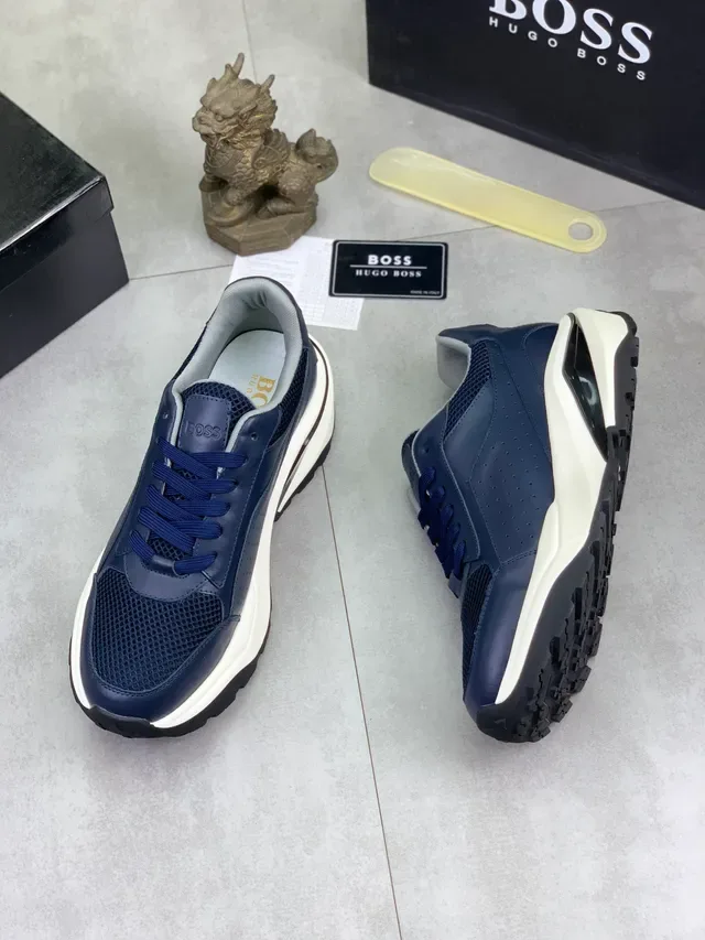 Hugo Boss Navy Blue Leather and Mesh Platform Lifestyle Sneaker 5
