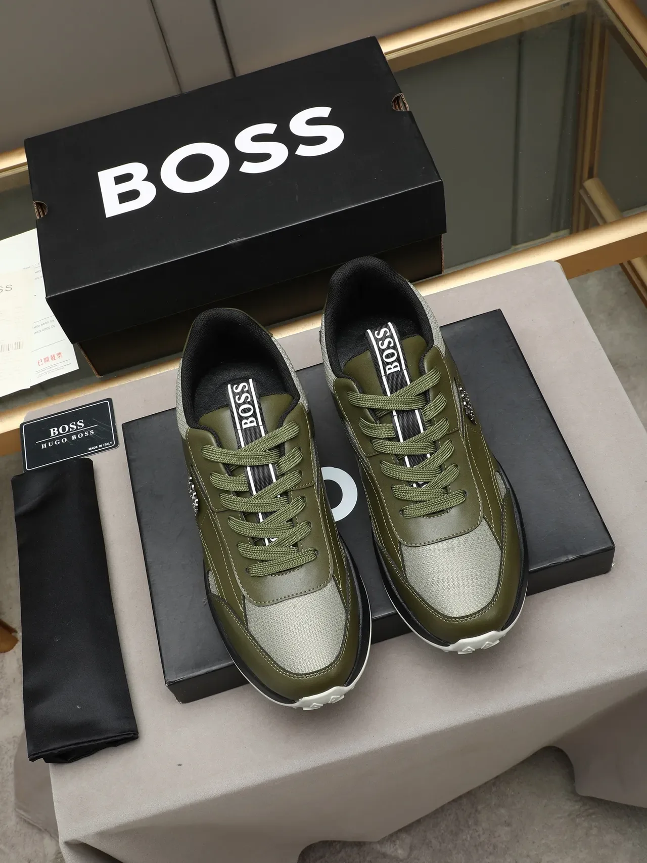 Hugo Boss Olive Green Leather-Mesh Lifestyle Sneaker 2