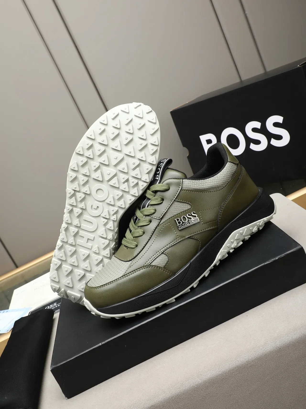 Hugo Boss Olive Green Leather-Mesh Lifestyle Sneaker 4