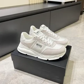 Hugo Boss White Beige Platform Sole Textile-Suede Hybrid Upper Chunky Sneakers