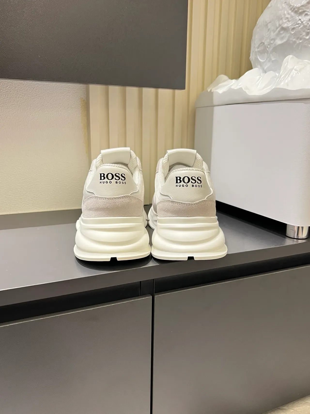 Hugo Boss White Beige Platform Sole Textile-Suede Hybrid Upper Chunky Sneakers 2