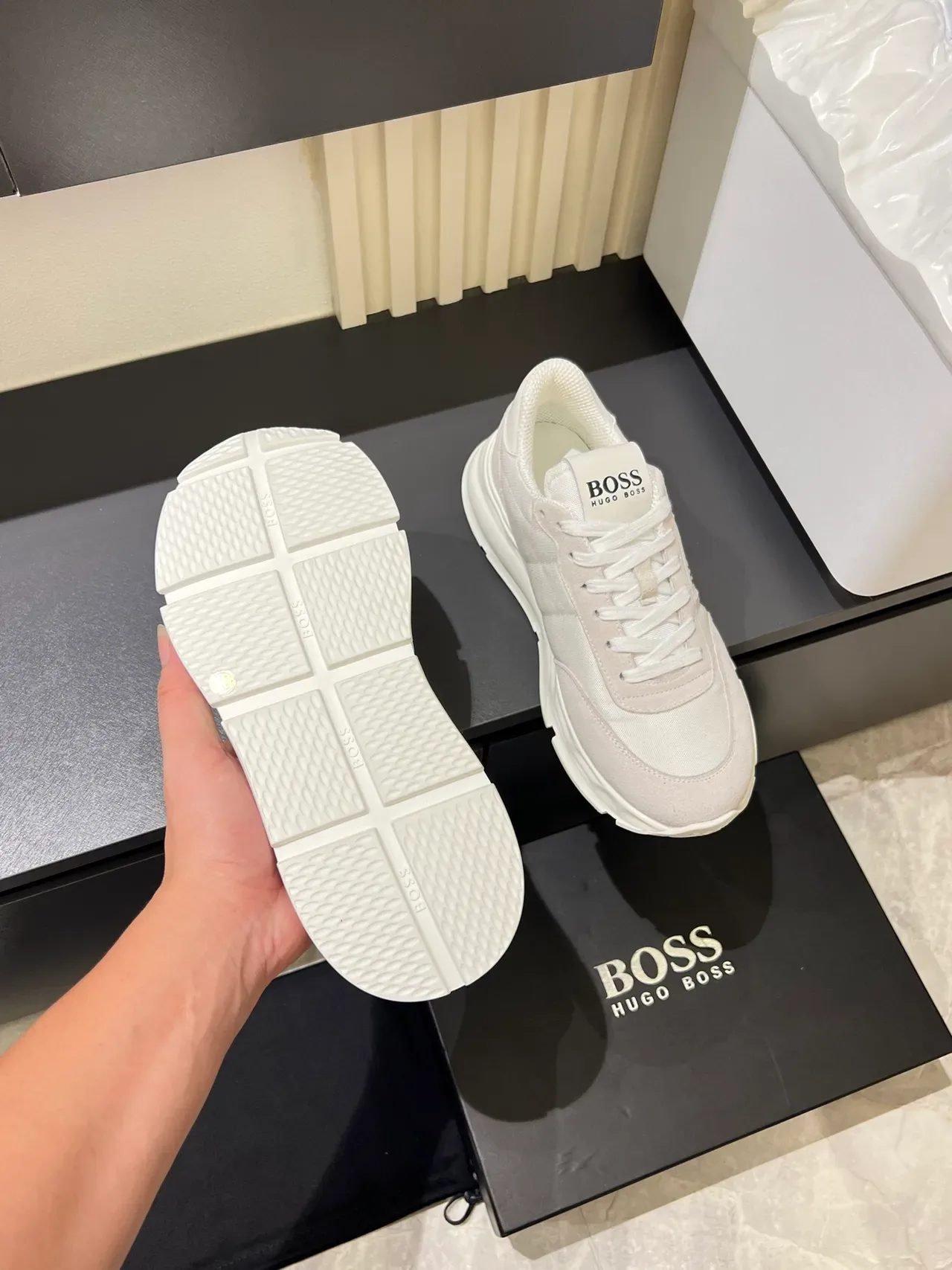 Hugo Boss White Beige Platform Sole Textile-Suede Hybrid Upper Chunky Sneakers 3