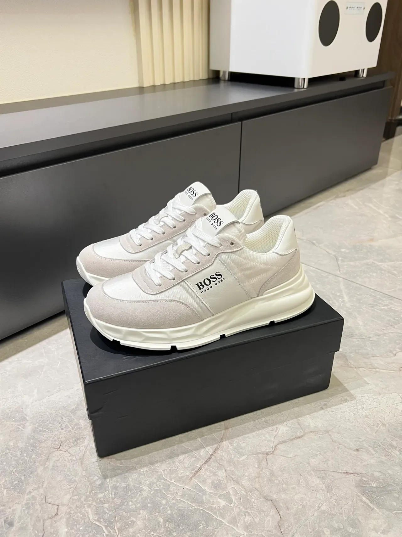 Hugo Boss White Beige Platform Sole Textile-Suede Hybrid Upper Chunky Sneakers 4
