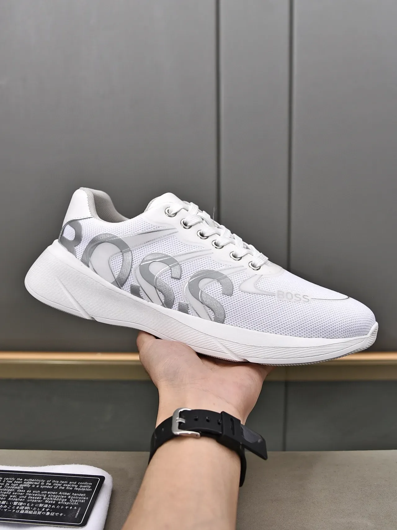 Hugo Boss Zapatillas Blancas Grises Parte Superior de Malla Esculpida Ranurada Suela Media 8