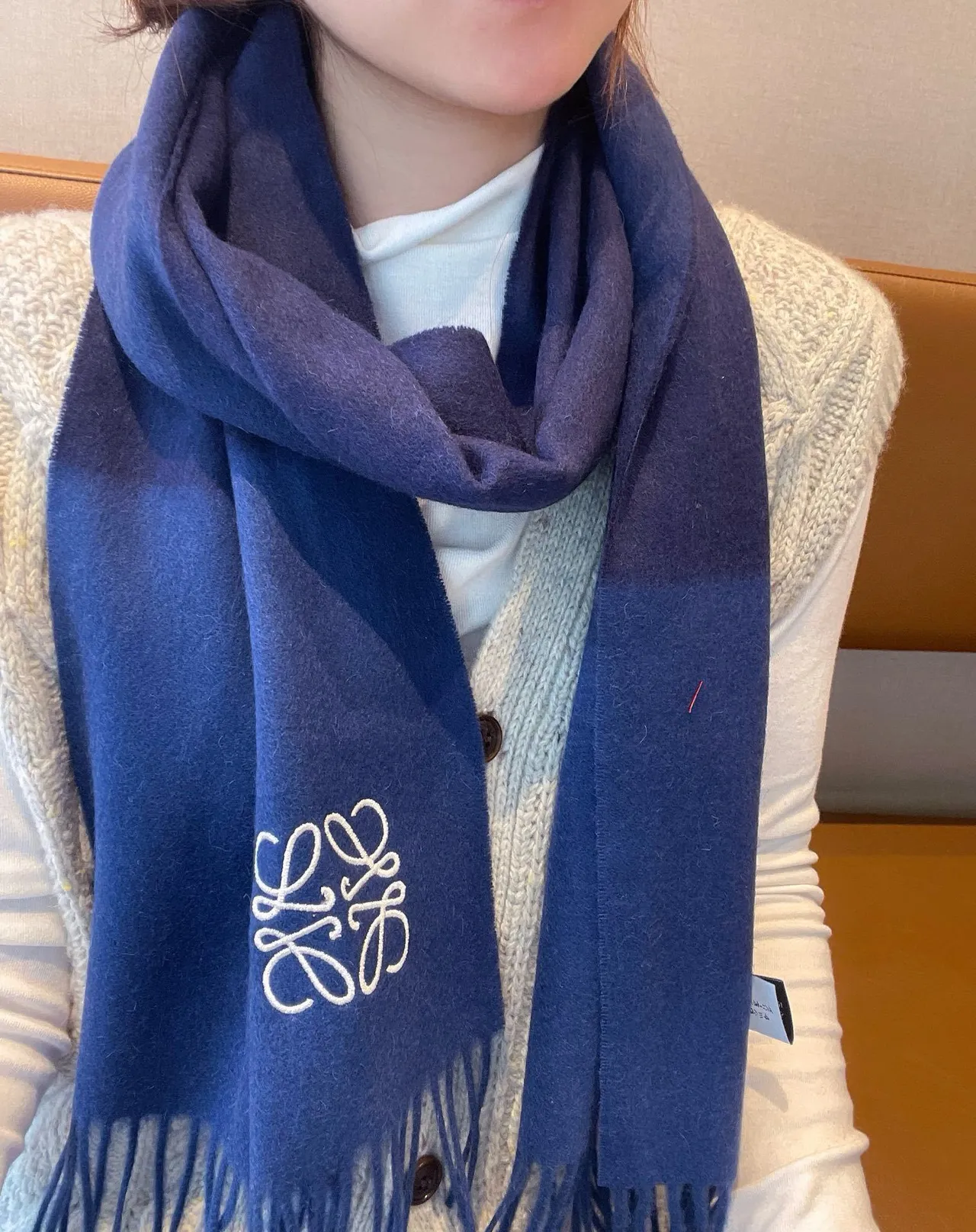 Loewe Anagram Embroidered Navy Cashmere Scarf 2