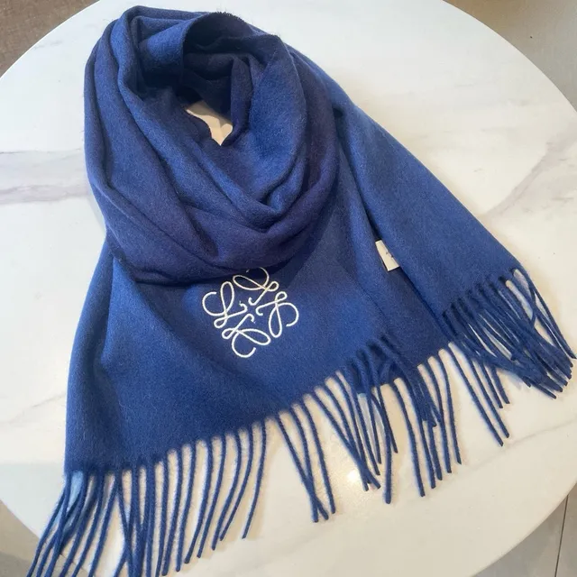 Loewe Anagram Embroidered Navy Cashmere Scarf 7