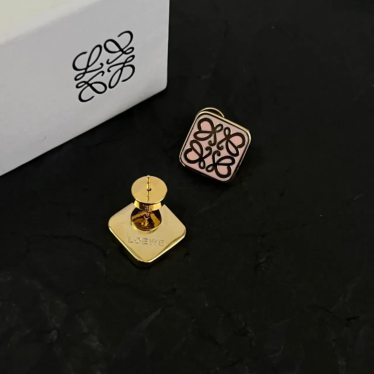 Loewe Anagram Gold Beige Square Stud Enamel-Filled Earrings 3