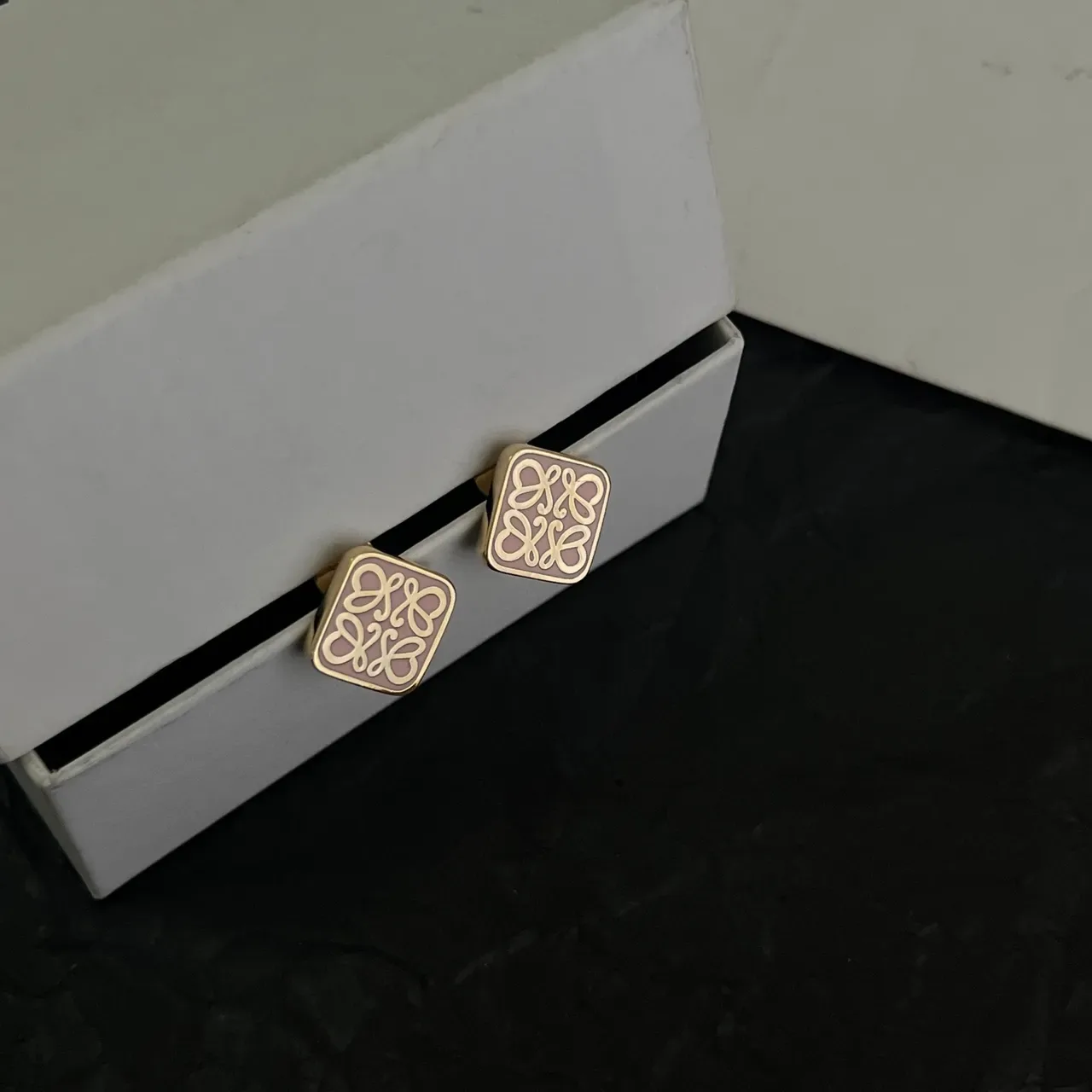 Loewe Anagram Gold Beige Square Stud Enamel-Filled Earrings 4