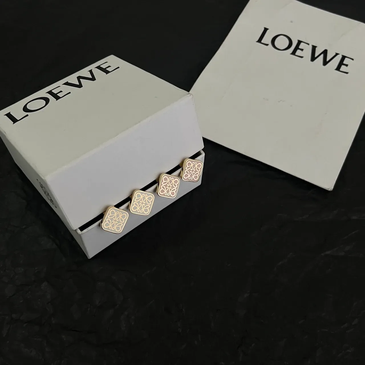 Loewe Anagram Gold Beige Square Stud Enamel-Filled Earrings 5