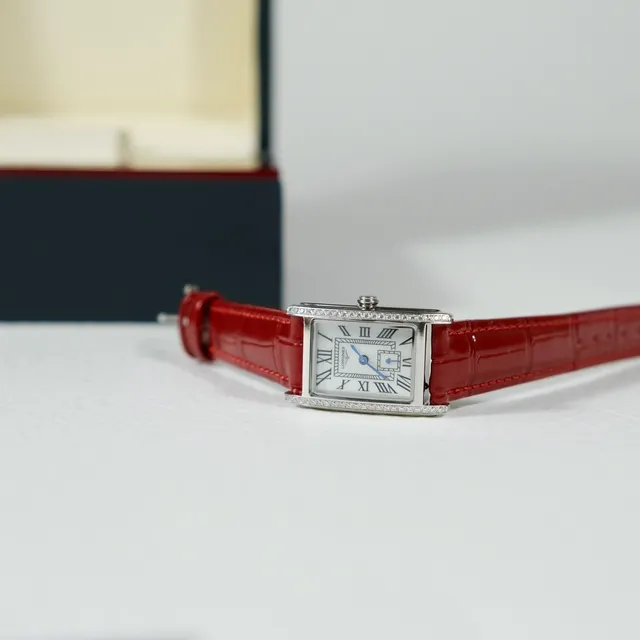 Longines Reverso Rectangular White Dial Red Alligator Strap Mechanical Watch 3