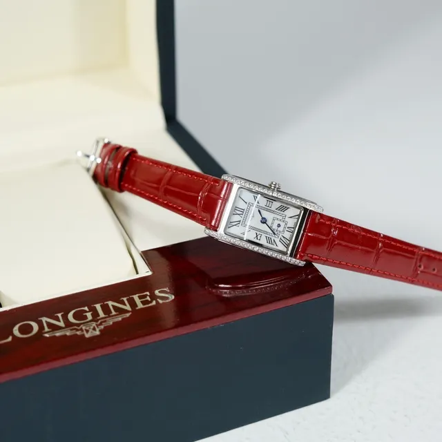 Longines Reverso Rectangular White Dial Red Alligator Strap Mechanical Watch 4