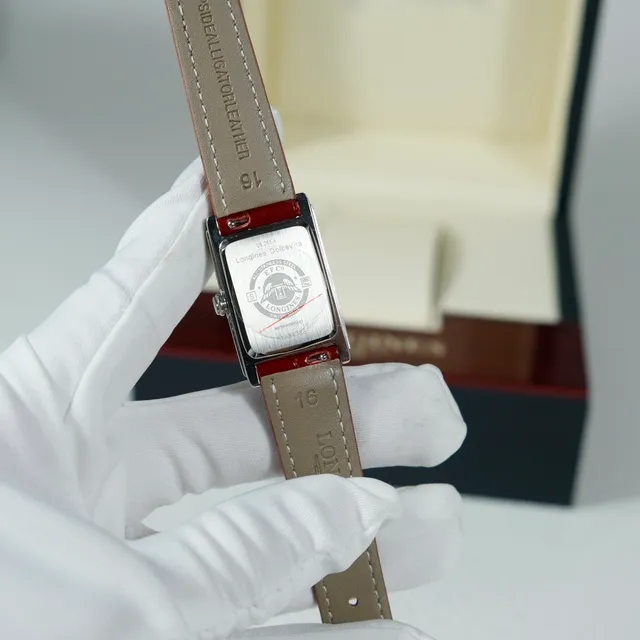 Longines Reverso Rectangular White Dial Red Alligator Strap Mechanical Watch 7