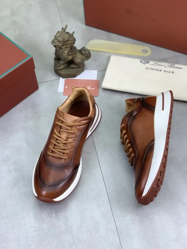 Loro Piana Brown White Polished Leather Contrast Sole Lifestyle Sneakers 5