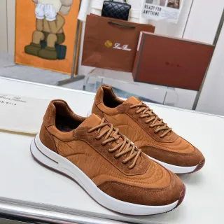 Loro Piana Brown White Suede-and-Textile Upper Layered Panel Construction Lifestyle Sneakers