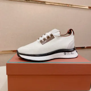 Loro Piana Flow Runner White Brown Knit Upper Leather-Accented Lacing Lifestyle Sneakers