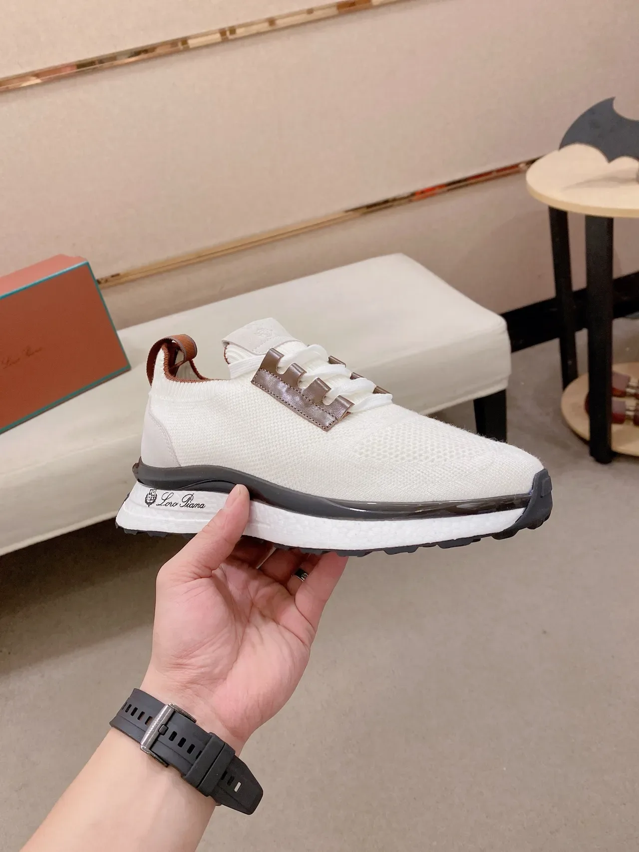 Loro Piana Flow Runner Chaussures Lifestyle Blanc Marron Haut Tricoté Lacets Acentués Cuir 5