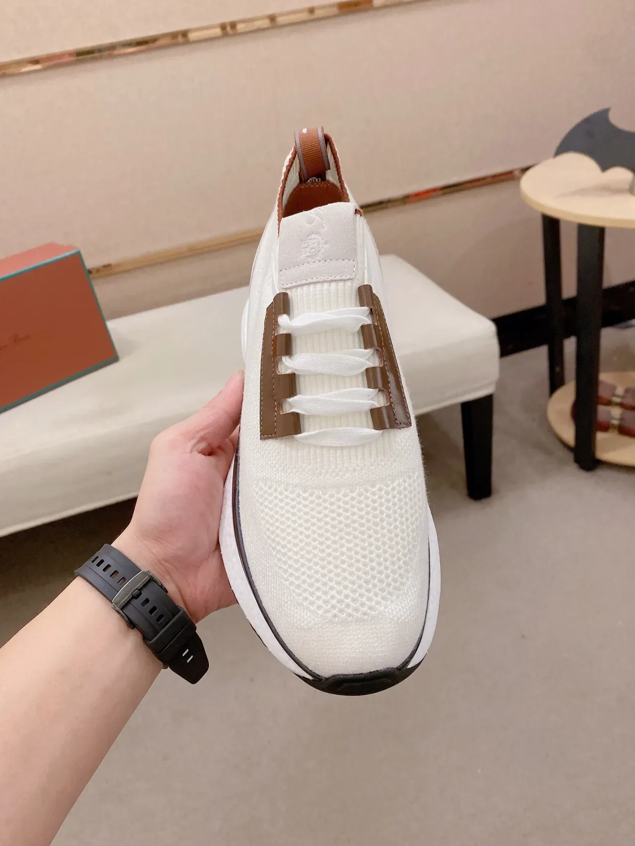 Loro Piana Flow Runner Chaussures Lifestyle Blanc Marron Haut Tricoté Lacets Acentués Cuir 6