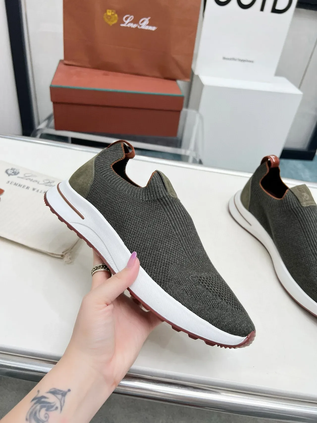 Loro Piana Summer Walk Chaussures lifestyle tricot vert olive à enfiler 2